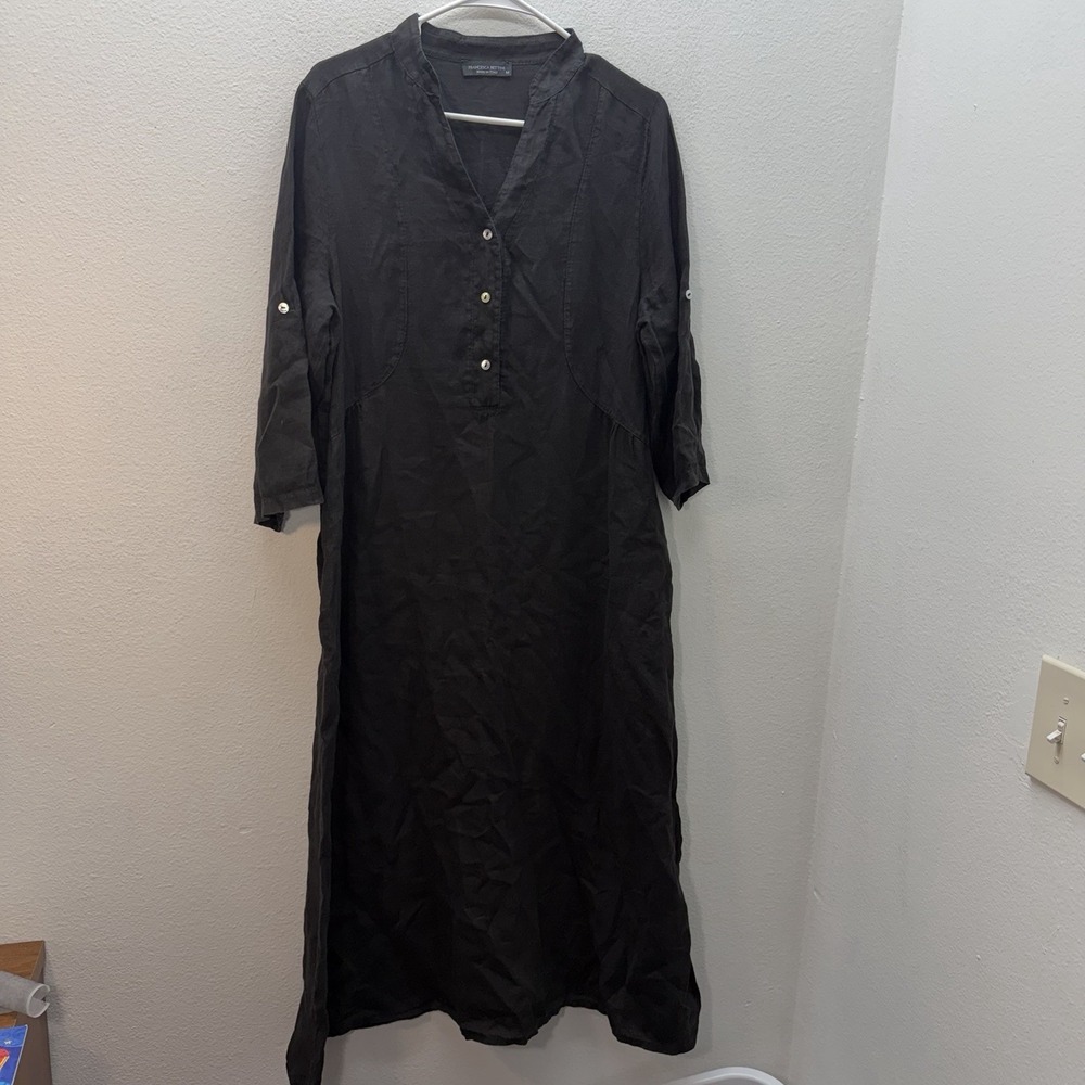 Francesca Bettini Italy 100% Linen Midi Maxi Dress SZ M Black Lagenlook Minimal